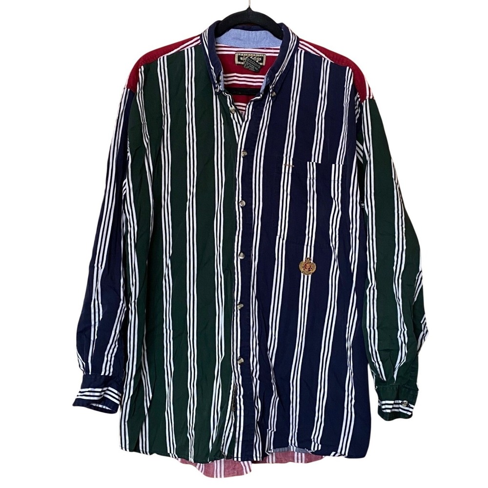 Vintage 90s Stripe Colorblock Button Down Shirt Large Cotton Rugby Polo Preppy